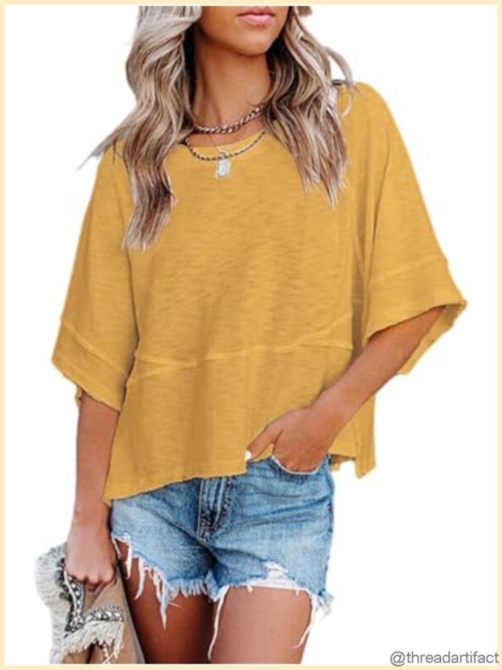 Oversized 3/4 Sleeve Crewneck Tunic T-Shirt Loose Fit Summer Casual Top